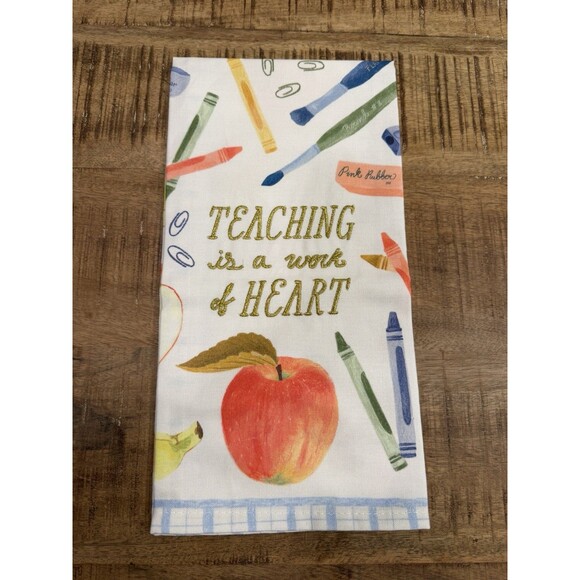 New Anthropologie "Teaching is A Work of Heart" Dish Towel 100% Cotton - Picture 1 of 8